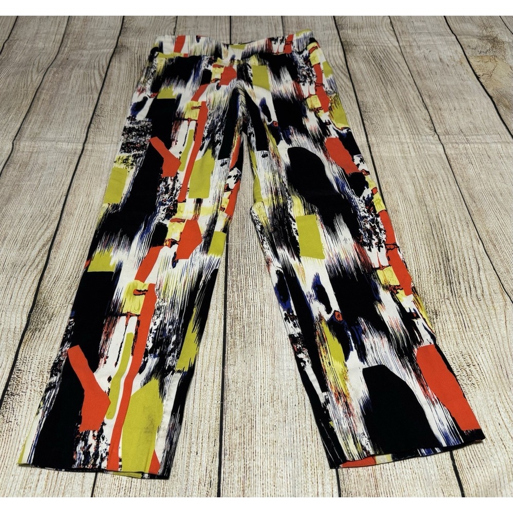 Krazy Larry Abstract Orange Yellow Blue Black Paint 27" Inseam Pants Sz 8 Tb13